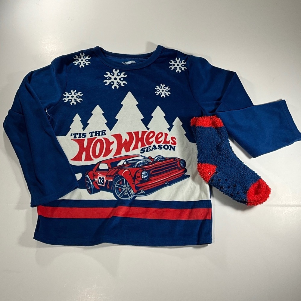 Hot Wheels Kids Pajama Top and Socks Set Blue Red Holiday Fleece Size M 8